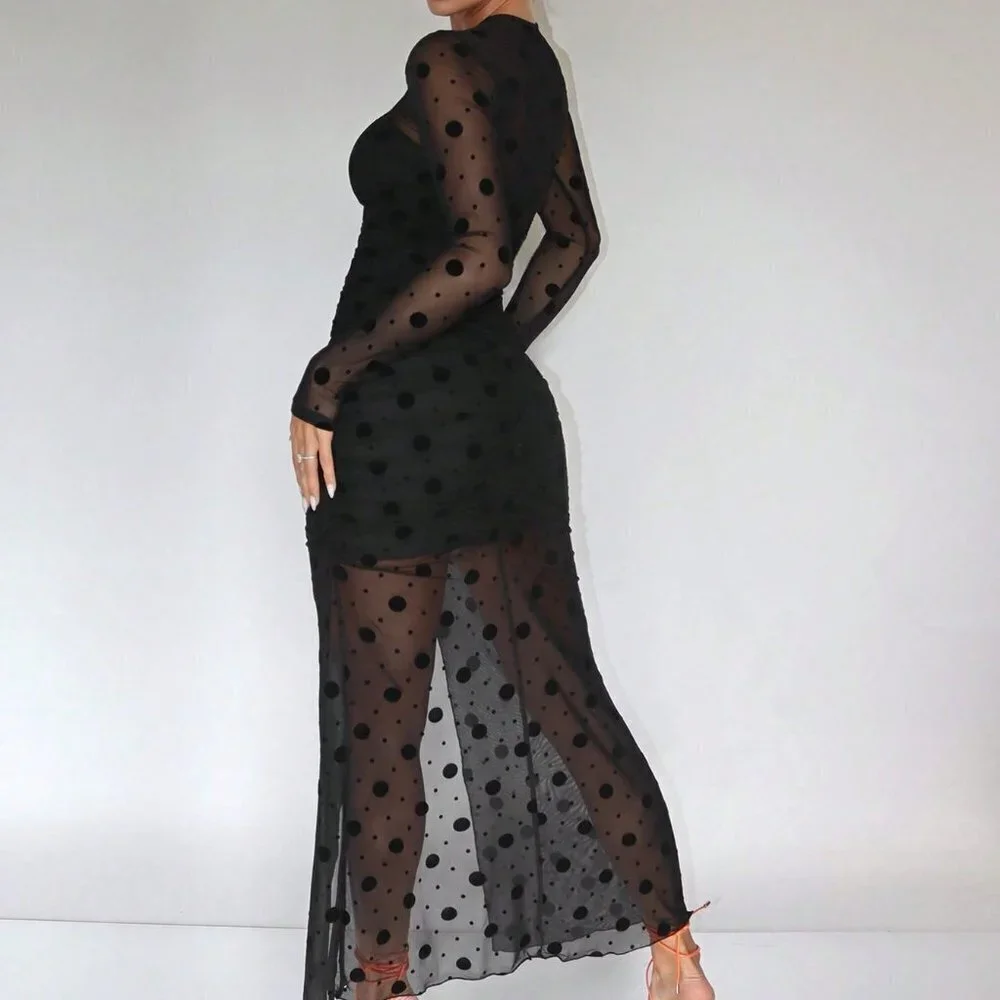 Black Preppy Womens Polka Dot Print Split Thigh Mesh Dress